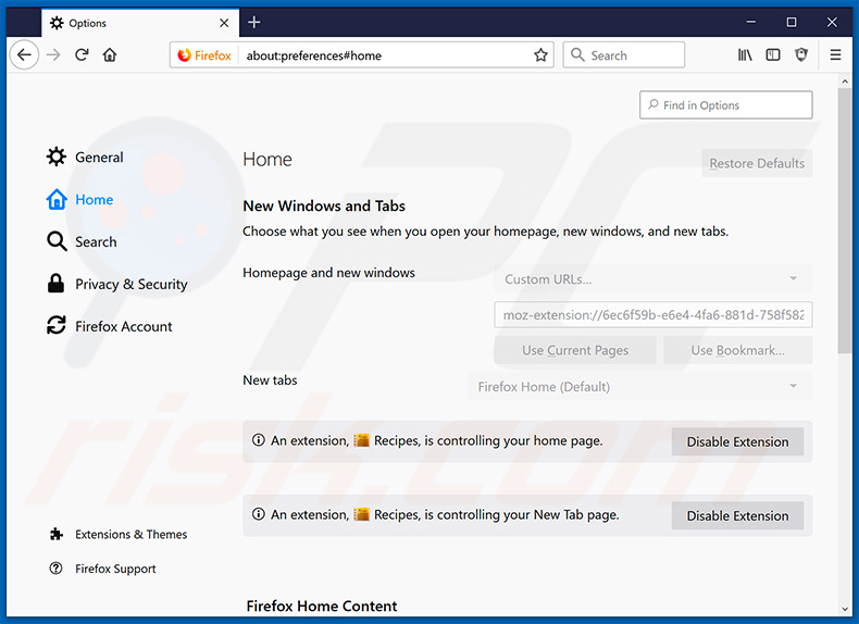 Removing search.heasyfreerecipes.com from Mozilla Firefox homepage