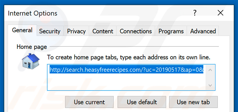 Removing search.heasyfreerecipes.com from Internet Explorer homepage