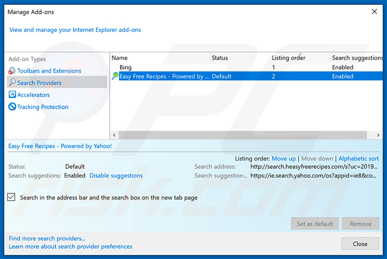 Removing search.heasyfreerecipes.com from Internet Explorer default search engine