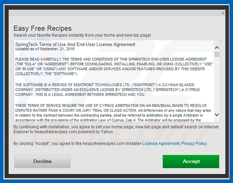 Official Easy Free Recipes browser hijacker installation setup