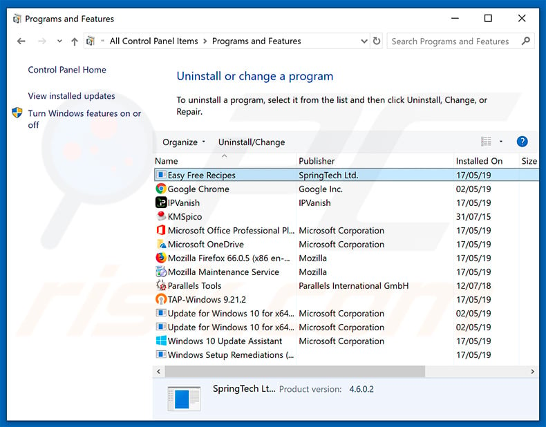 search.heasyfreerecipes.com browser hijacker uninstall via Control Panel
