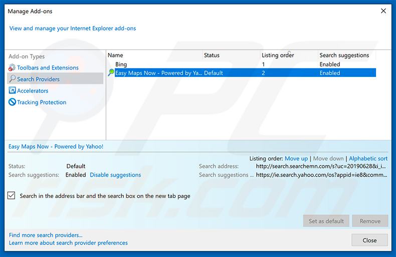Removing search.searchemn.com from Internet Explorer default search engine