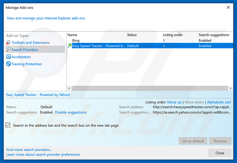 Removing search.heasyspeedtracker.com from Internet Explorer default search engine