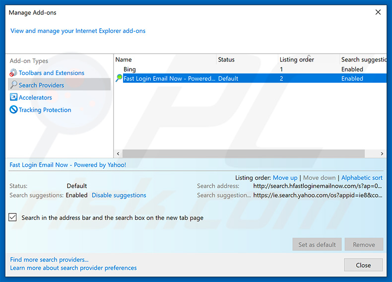 Removing search.hfastloginemailnow.com from Internet Explorer default search engine