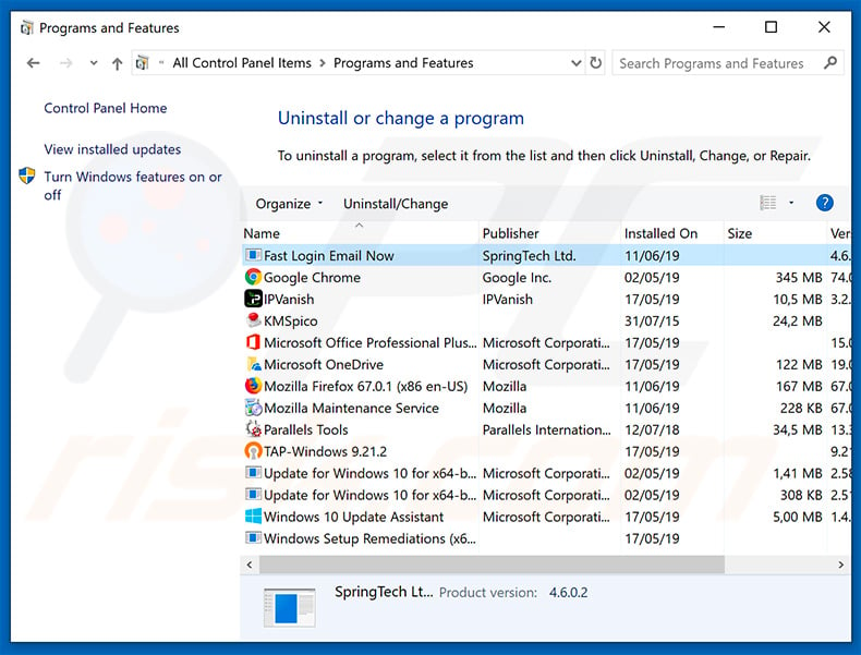 search.hfastloginemailnow.com browser hijacker uninstall via Control Panel