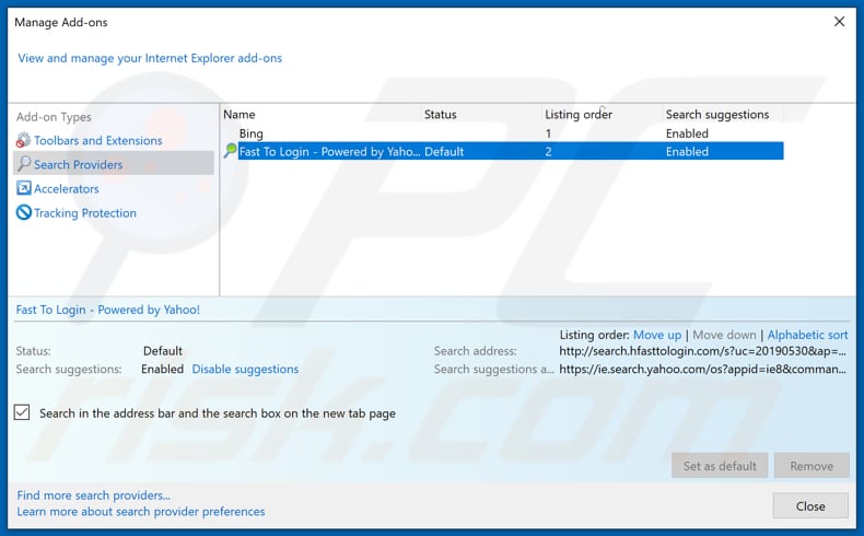 Removing search.hfasttologin.com from Internet Explorer default search engine