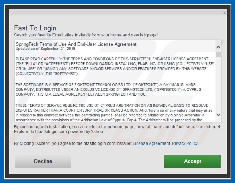 Official Fast To Login browser hijacker installation setup
