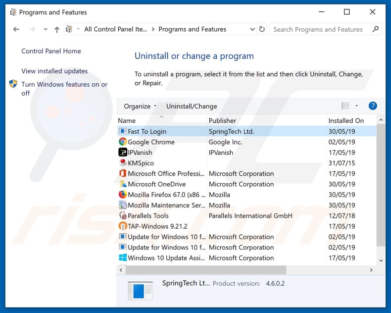 search.hfasttologin.com browser hijacker uninstall via Control Panel