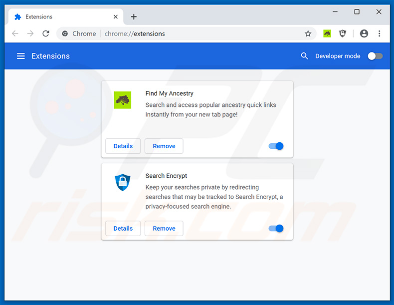 Removing search.hfindmyancestry.co related Google Chrome extensions