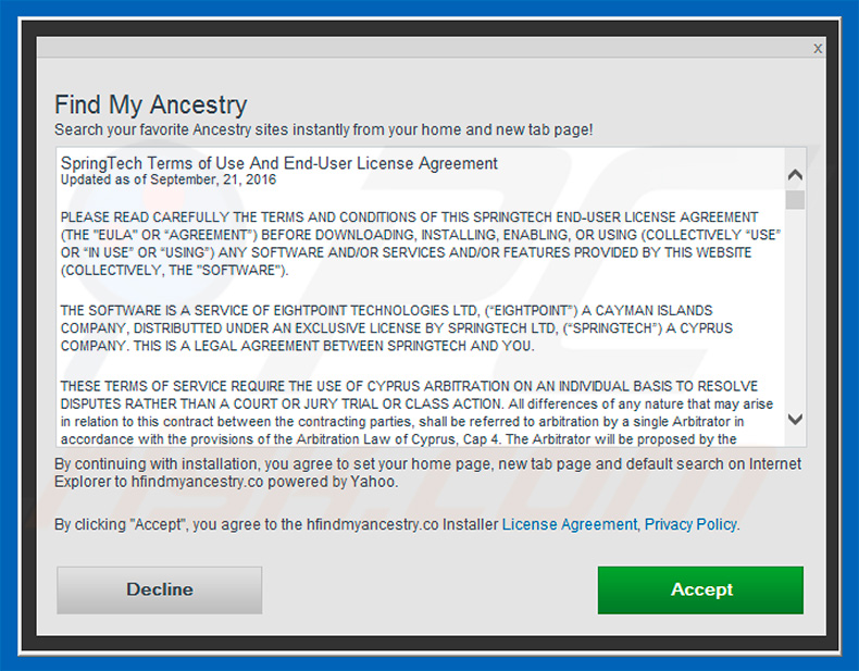 Official Find My Ancestry browser hijacker installation setup