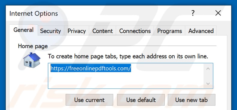 Removing freeonlinepdftools.com from Internet Explorer homepage