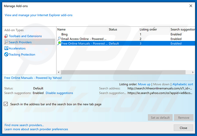 Removing search.hfreeonlinemanuals.com from Internet Explorer default search engine