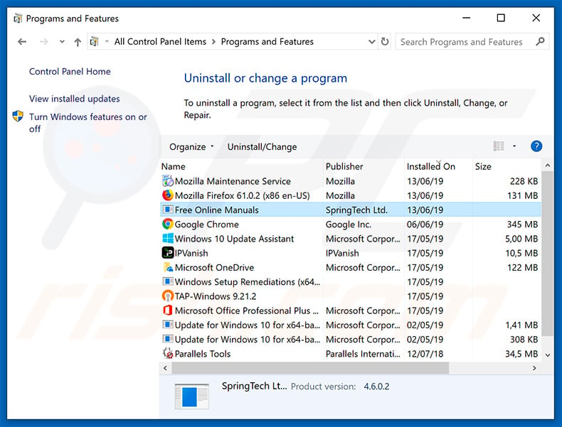 search.hfreeonlinemanuals.com browser hijacker uninstall via Control Panel