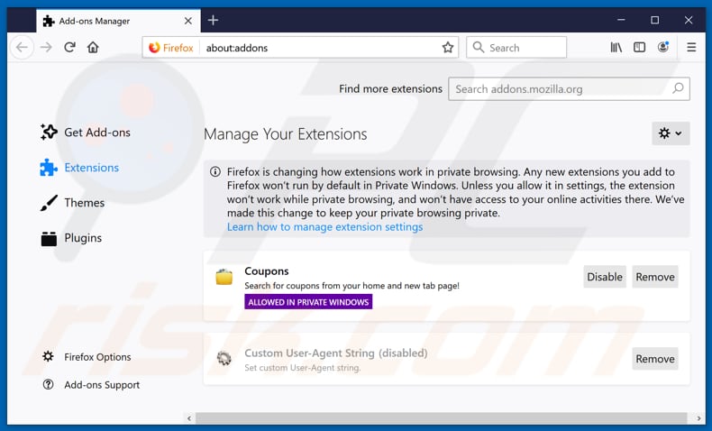 Removing search.hgetcouponsforfree.com related Mozilla Firefox extensions