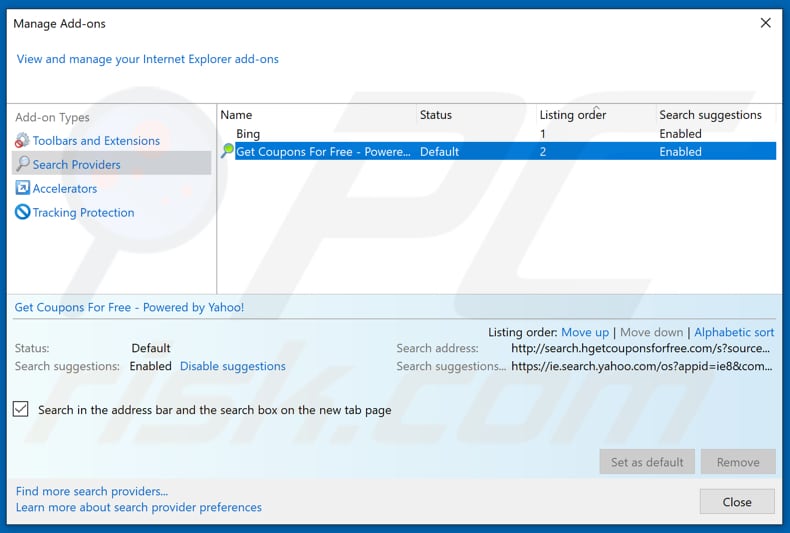 Removing search.hgetcouponsforfree.com from Internet Explorer default search engine