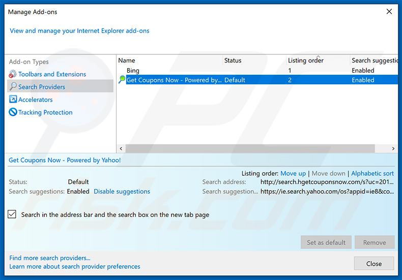 Removing search.hgetcouponsnow.com from Internet Explorer default search engine