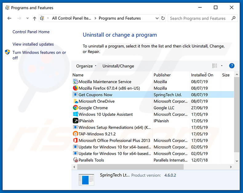 search.hgetcouponsnow.com browser hijacker uninstall via Control Panel