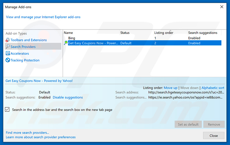 Removing search.hgeteasycouponsnow.com from Internet Explorer default search engine