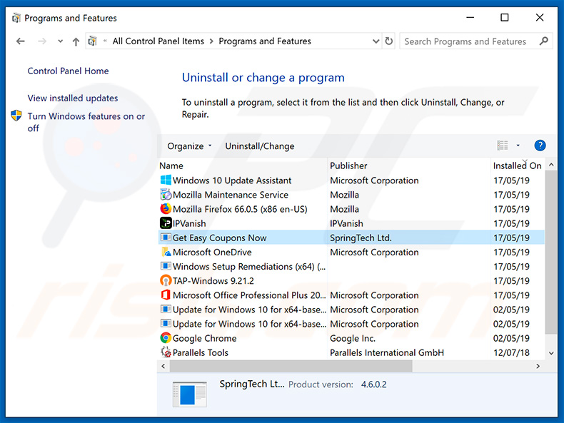 search.hgeteasycouponsnow.com browser hijacker uninstall via Control Panel