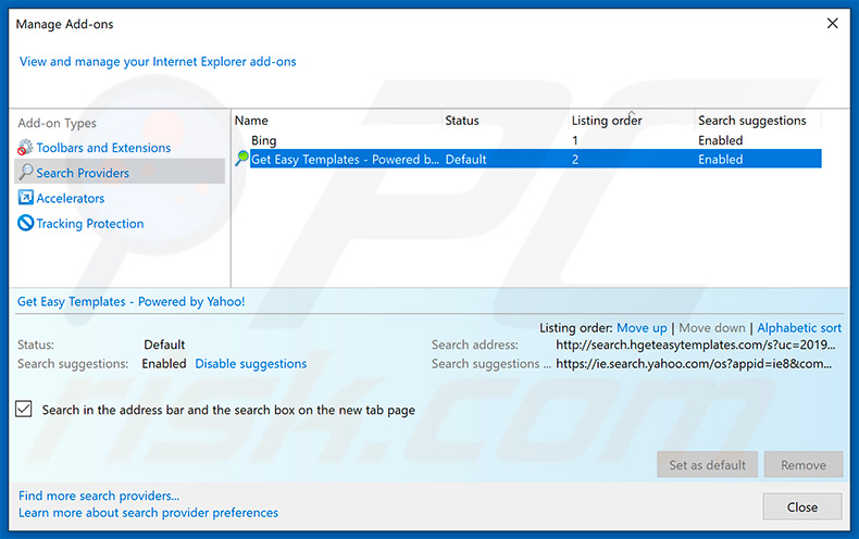 Removing search.hgeteasytemplates.com from Internet Explorer default search engine