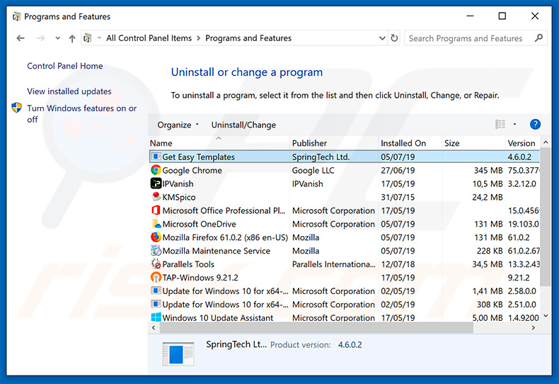 search.hgeteasytemplates.com browser hijacker uninstall via Control Panel
