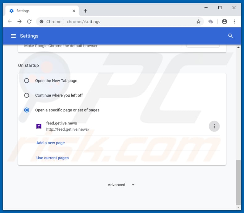 Removing feed.getlive.news from Google Chrome homepage