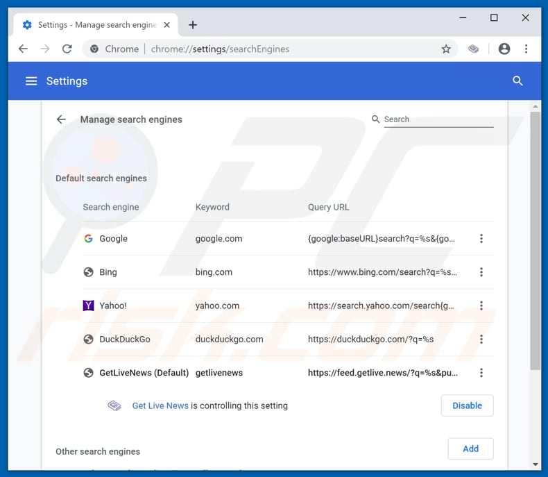 Removing feed.getlive.news from Google Chrome default search engine