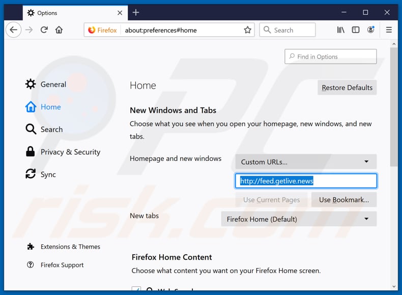 Removing feed.getlive.news from Mozilla Firefox homepage