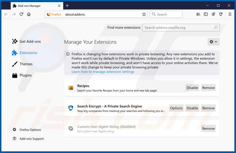 Removing search.hgetrecipesnow.com related Mozilla Firefox extensions