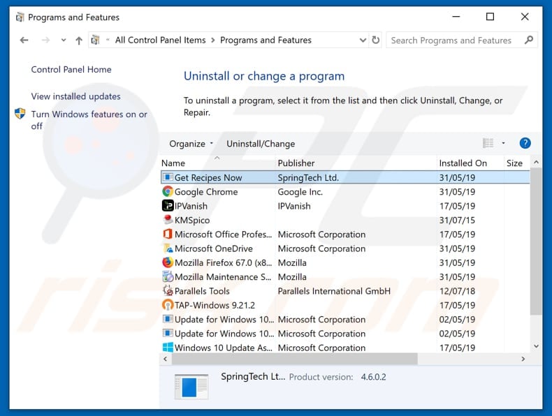 search.hgetrecipesnow.com browser hijacker uninstall via Control Panel
