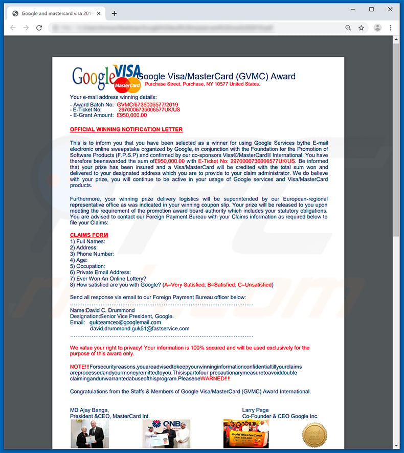 Google Winner email spam campaign attachment Official Winning Letter by Google and mastercard visa 2019.pdf