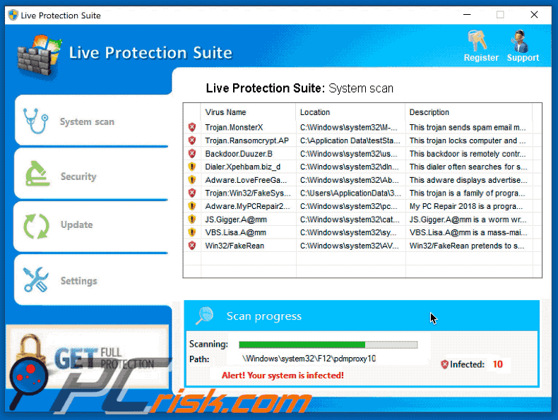 live protection suite appearance scanning and displaying warning