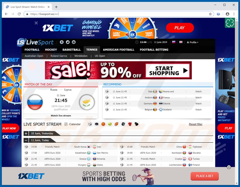 livesport[.]ws website and ads on it