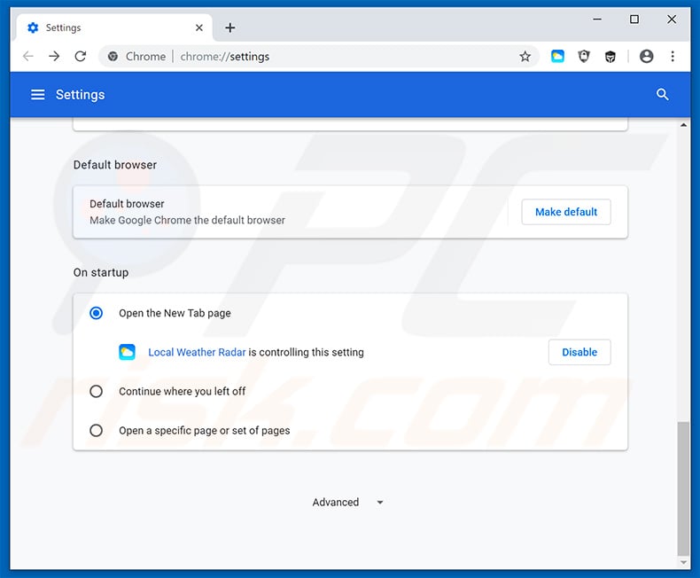 Removing search.hlocalweatherradar.app from Google Chrome homepage