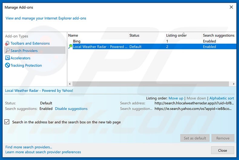 Removing search.hlocalweatherradar.app from Internet Explorer default search engine