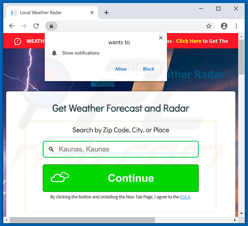 Local Weather Radar website asking to enable web browser notifications