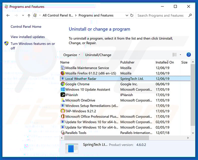search.hlocalweatherradar.app browser hijacker uninstall via Control Panel