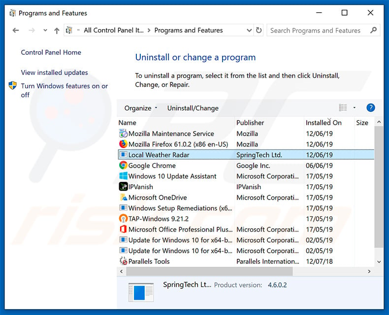 search.hlocalweatherradar.app browser hijacker uninstall via Control Panel