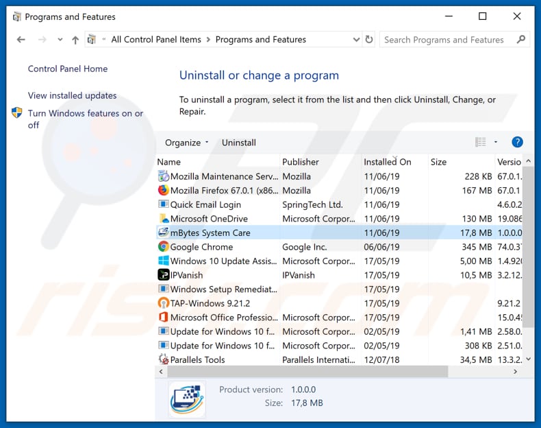 mBytes System Care adware uninstall via Control Panel