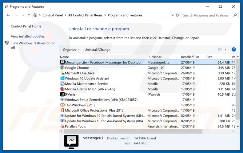 MessengerLite adware uninstall via Control Panel