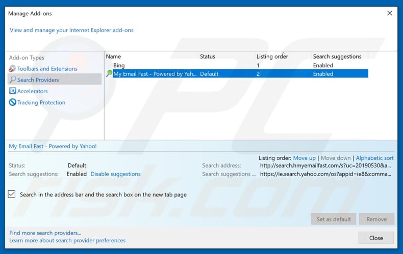 Removing search.hmyemailfast.com from Internet Explorer default search engine