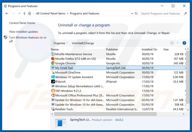 search.hmyemailfast.com browser hijacker uninstall via Control Panel