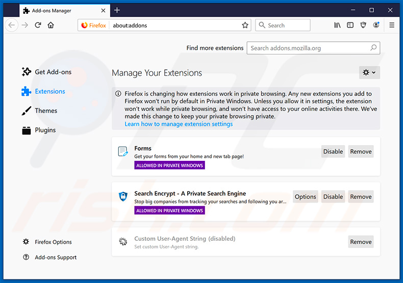 Removing search.hmyformssuite.com related Mozilla Firefox extensions