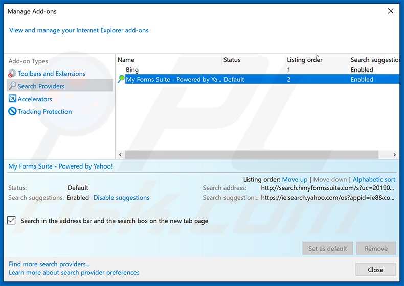 Removing search.hmyformssuite.com from Internet Explorer default search engine