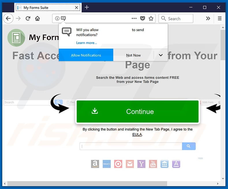 My Forms Suite browser hijacker's website asking to enable web browser notifications