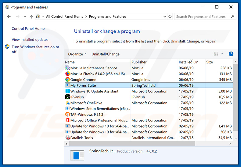 search.hmyformssuite.com browser hijacker uninstall via Control Panel