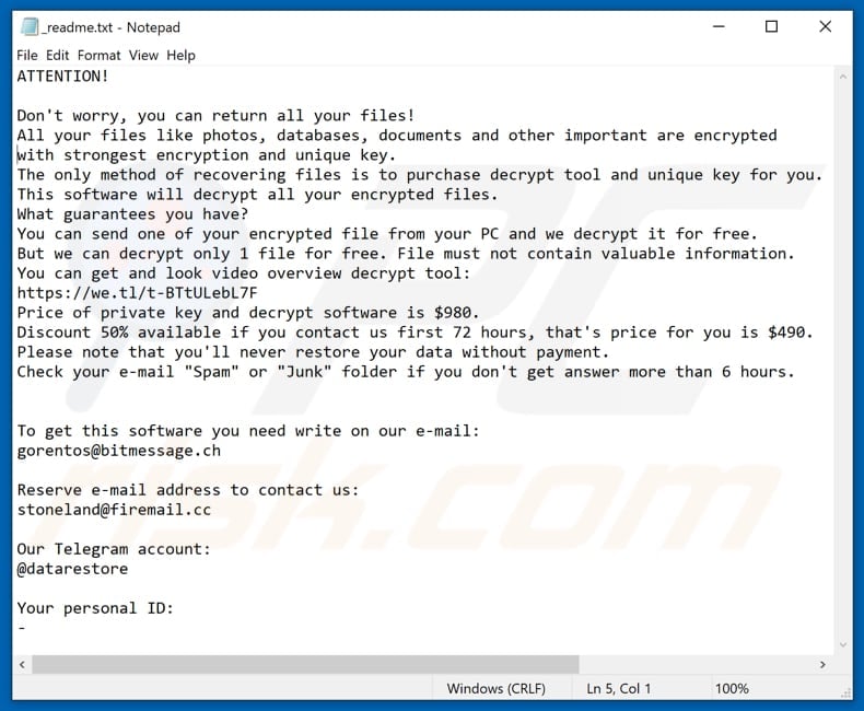 Myskle ransomware text file (readme.txt)
