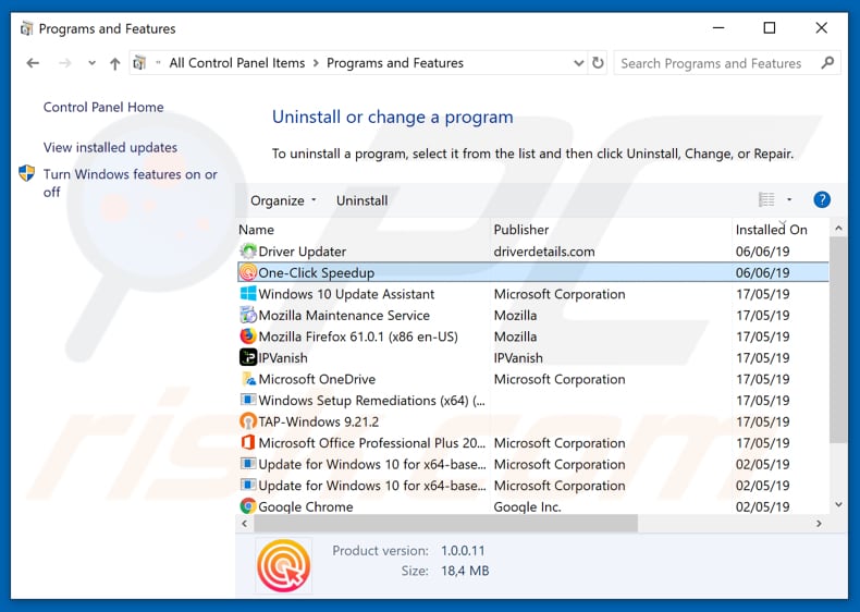 One Click Speedup adware uninstall via Control Panel