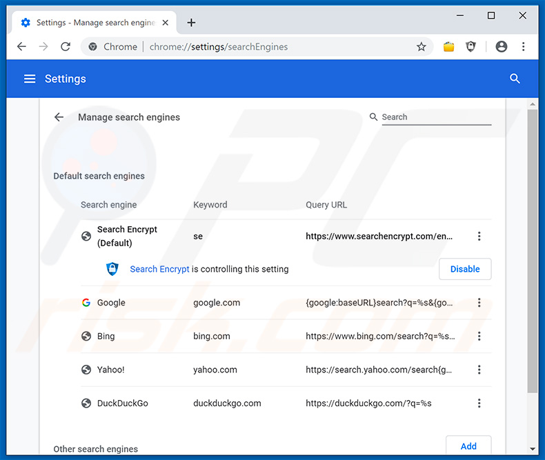 Removing search.searchtxosc.com from Google Chrome default search engine