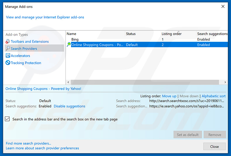 Removing search.searchtxosc.com from Internet Explorer default search engine